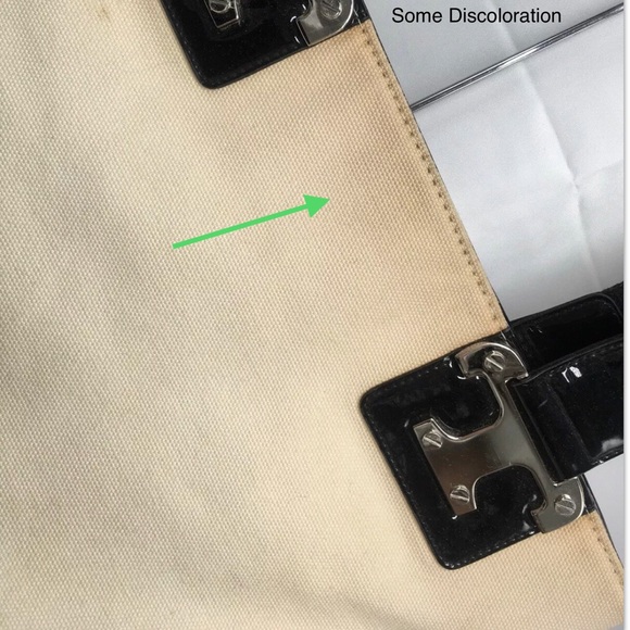 Tory Burch Natural Canvas Tote Shopper Bag Black Patent Leather ✅Offers Welcome - Picture 5 of 11